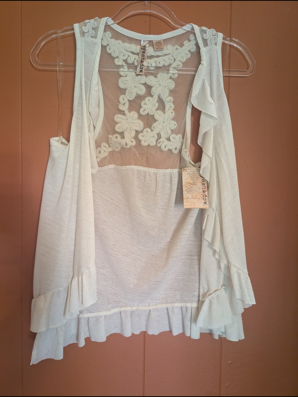 Eyeshadow Ivory Sheer Lace Mesh Cold Shoulder Top Women's Size S Boho Romantic